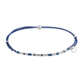 Detail of blue woven cord Morse code bracelet with stainless steel beads and logo tag - Blue