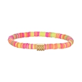 Detail view of colorful polymer clay beads bracelet with a gold metal cylinder bead - Multicolor Mix (YB1131MIX-ORO)