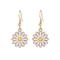Detailed macro view of gold-plated stainless steel daisy drop earrings with enamel finish - White