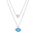 Detail of double-layer necklace with mini heart and blue enamel lip pendant charm - Silver Light Blue