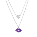 Close-up of double-layer silver chain with 3D heart and purple enamel lip pendant - Silver Purple
