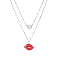 Close-up of double-layered titanium steel necklace with silver heart and red lip charms - Silver Red