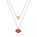 Close-up of double-layer gold necklace with heart pendant and red lip charm - Gold Red