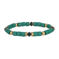 Detailed close-up of cylindrical matte green clay beads and golden spacers on elastic bracelet - Malachite green