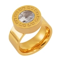 Gold stainless steel ring with Greek meander pattern and clear round cubic zirconia stone - US 6 / Gold Style (JDLR37G)