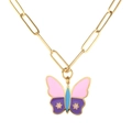 Gold paperclip chain necklace featuring a pink and purple butterfly enamel pendant - Necklace / Gold