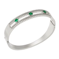 Detail view of silver stainless steel bangle featuring green zircon stones and hinge closure - Three Round Green Stone Hollow Style (B437S)