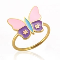 Goldener Schmetterlingsring mit Emaille-Flügeln in Rosa, Blau und Lila mit Sternen - US 7 / Gold