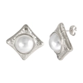 Silver square hammered stud earrings with white pearl accents and butterfly backings - Stud Earrings (SE0614S) / Silver