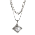 Double-layer silver chain necklace featuring a square pendant with a large white pearl - Necklace (SN0614S) / Silver