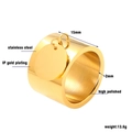 Detail of 15mm wide IP gold plated stainless steel ring with a small round charm tag - US 7 / Gold