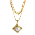 Double-layered gold necklace with square hammered frame and large white pearl - Necklace (SN0614G) / Gold