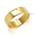 Detail view of 6mm wide gold plated ring with hollow heart pattern and dimensions - Size 6 / Wide Band Hollow Heart / Gold