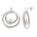 Silver double hoop stud earrings with a single sparkling zircon accent on white background - Steel Color Double Circle Earrings