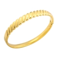Luxury gold plated stainless steel hinge bangle featuring a twisted spiral textured design - Spiral Ribbed and Smooth Patchwork (515 Gold Bangle)