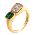 Macro shot of gold-plated ring with emerald-cut green stone and clear zircon inlay - US 6 / Green and Clear Double Stone Style (MSXRJMG1505G)