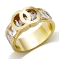 Golden titanium steel ring with roman numerals and rectangular cubic zirconia accents - US 6 / Gold