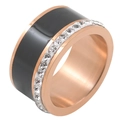 Rose gold stainless steel wide ring with black enamel inlay and zircon accents - US 6 / Rose Gold Black Enamel Ring