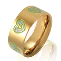 Gold wide band ring with colorful enamel heart patterns and glossy polished finish - US 6 / Triple Concentric Green Heart (JDLR05)