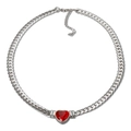 Cuban link necklace with a faceted red heart gemstone in polished silver finish - Red Heart Zirconia-Steel Color Necklace