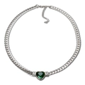 Silver cuban link necklace featuring a heart-shaped green zircon pendant and lobster clasp - Green Heart Zirconia-Steel Color Necklace