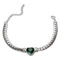 Silver Cuban link bracelet with a heart-shaped green zircon and adjustable lobster clasp - Green Heart Zirconia-Steel Color Bracelet