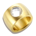 Gold plated titanium steel ring with a wide brushed finish and a single sparkling crystal - US 6 / Gold White Zirconia
