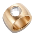 Golden titanium steel wide ring with brushed finish and a large clear round gemstone - US 6 / Rose Gold White Rhinestone