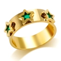 Polished gold wide band ring featuring three inlaid green star-shaped zircon stones - US 6 / Green Rhinestone-Gold