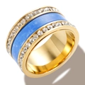 Golden wide band ring featuring sky blue marble resin and double rows of white zirconia - US 7 / Gold (Blue Resin)
