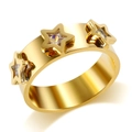 Polished gold plated stainless steel band ring with three sparkling star-shaped zircons - US 6 / White Diamond-Gold
