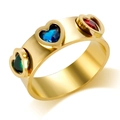 Gold plated stainless steel wide ring featuring green blue and red heart shaped stones - US 6 / Gold Multi Color Heart Ring