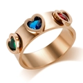 Rose gold wide band ring featuring three heart-shaped emerald blue and red gemstones - US 6 / Rose Gold Multi Color Heart Ring