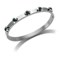 Silver stainless steel bangle featuring five small flowers with deep green crystals - Flower-Green Zirconia-Silver