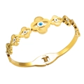 Polished 18K gold evil eye bangle with clover petal charm and blue eye inlay details - Evil Eye Style (BMG541G)