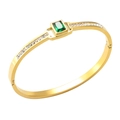 Titanium steel gold-plated open bangle featuring a rectangular green gem and zircons - Emerald Geometric Rhinestone Style (BMG542G)