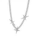 Silver stainless steel chain necklace featuring three textured compass star pendants - Necklace-Steel Color