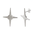 Silver stainless steel four-pointed star stud earrings with diagonal stripe texture - Earrings-Steel Color