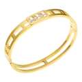Minimalist gold titanium steel cuff bracelet with three square zircon stones on white background - Three Square Zirconia Hollow Style (B432G) / Gold