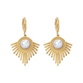 Golden sunburst fan earrings with white pearl center and minimalist geometric 18K plating - Gold Artificial Pearl Sunburst Drop (E1551G)