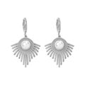 Minimalist silver U-shaped earrings with sunburst pendant and white pearl detail - Silver Artificial Pearl Sunburst Drop (E1551S)