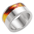 Polished stainless steel wide band ring with amber tortoiseshell resin inlay - US 6 / Steel
