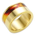 Polished wide gold band ring featuring a tortoise shell inlay and brushed inner finish - US 6 / Gold