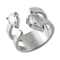 Silver adjustable stainless steel open ring with two pear-cut zircon stones - US 6 / Silver Double Teardrop Style (R1746S)