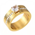 Gold brushed wide stainless steel ring featuring a large center stone and pavé accents - US 6 / Gold Round Zirconia Wide Style(R1745G)