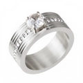 Brushed stainless steel ring featuring a round solitaire stone and pavé zircon accents - US 6 / Silver Round Zirconia Wide Style(R1745S)