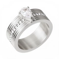 Polished silver stainless steel wide ring featuring a pear-cut center stone with side accents - US 6 / Silver Pear Zirconia Style(R1744S)
