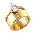 Anello largo placcato in oro 18K con zircone a pera e design a strati in acciaio - Stile Pietra Principale a Goccia Doppio Strato (R1757G)