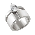 Anello doppio in titanio argento con zircone a pera e piccole pietre tonde verticali - Stile Pietra Principale a Goccia Doppio Strato (R1757S)