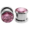 Close-up of stainless steel ear plugs with faceted pink cubic zirconia stones - 10mm / Pink Zircon